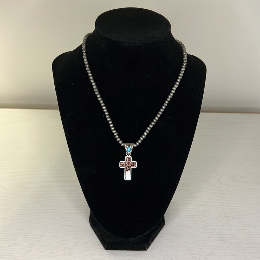 ✨ NWT Animal Print Cross Necklace with Turquoise Accent ✨